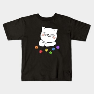 Rainbow Dungeon Meowster Kitten with Polyhedral Dice Set Kids T-Shirt